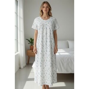 Keyocean Nightgown Floral Print Short Sleeve White Blue 100% Cotton